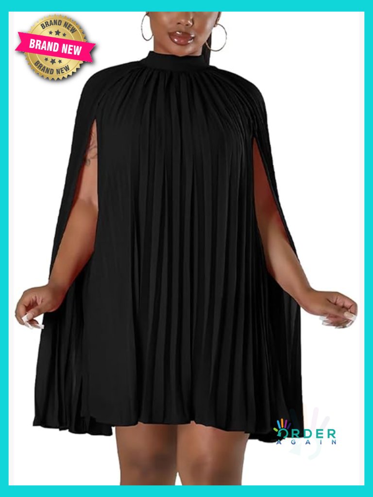 Cape Sleeve Pleated Shift Dress Loose Fit Cocktail Party Flowy Mini